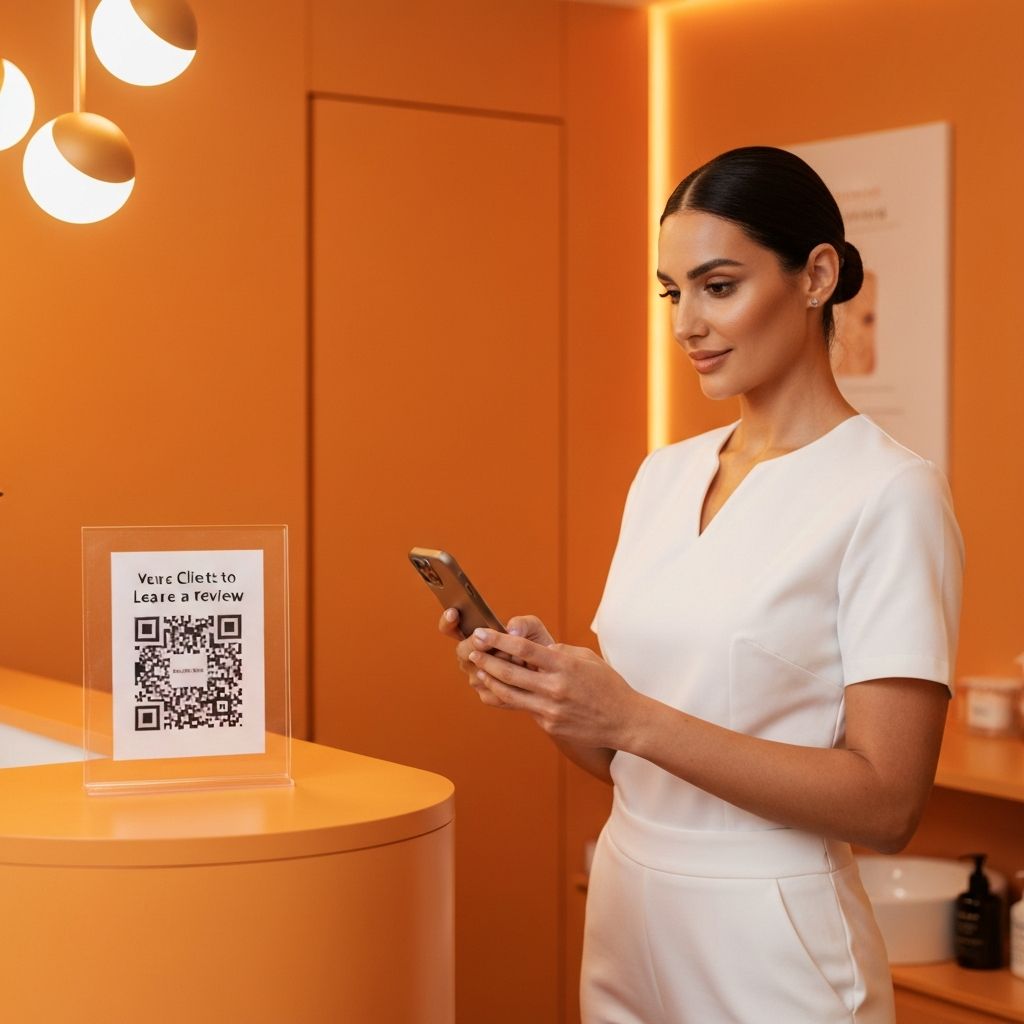 Professional woman with smartphone and QR code for leaving reviews